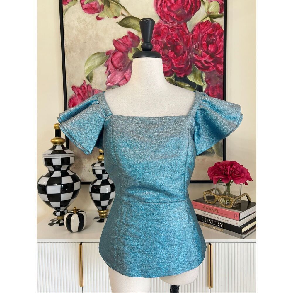 Cache Women's Shimmer Smocked Ruffle Flutter Sleeve Peplum Top Blue Medium NWT